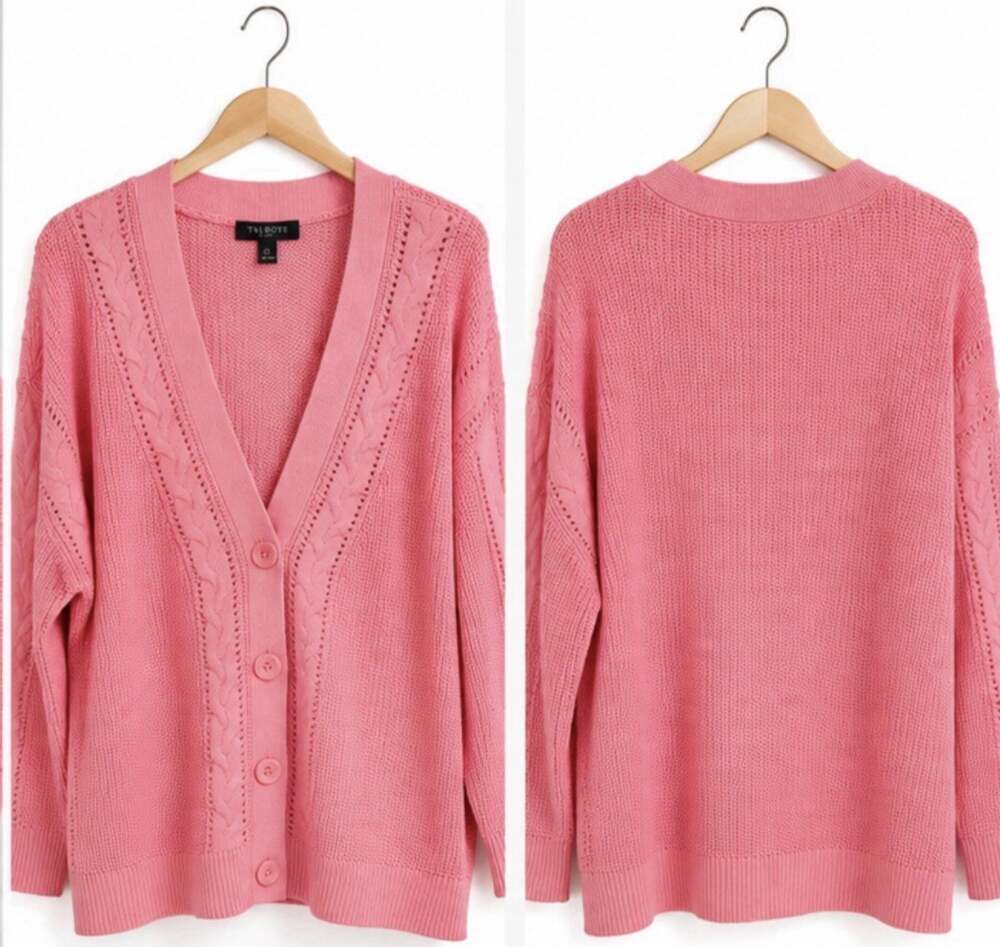 Talbots Women's 2XP Pink V Neck Cable Knit Sweater Cardigan Cotton Blend